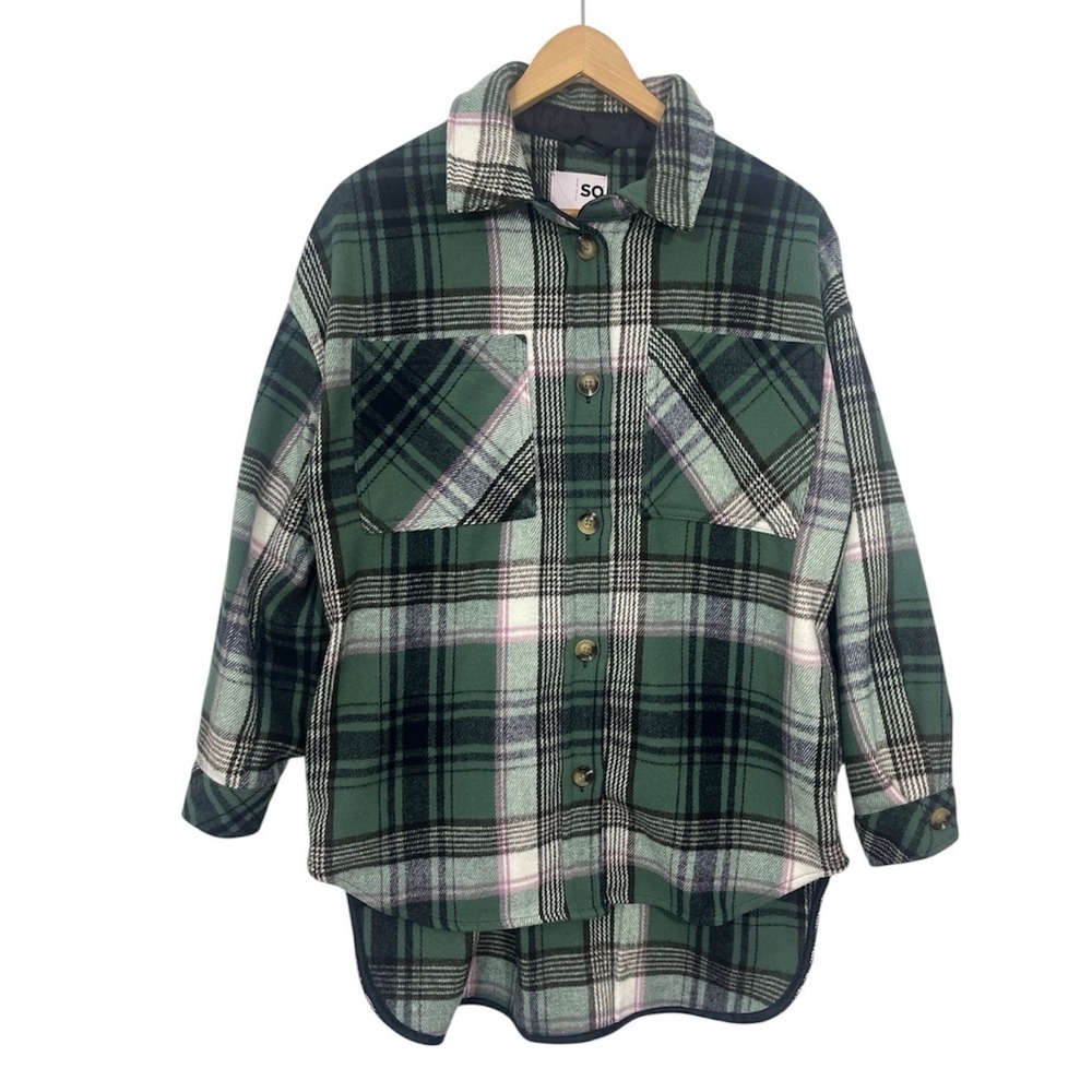 SO Shacket Oversized Plaid Green Black Button Front Shirt Jacket Women Small